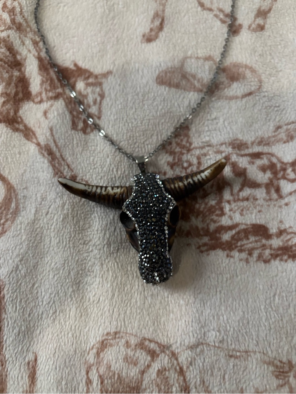 Crystal Pavé Longhorn Bull Pendant Necklace - Silver & Brown